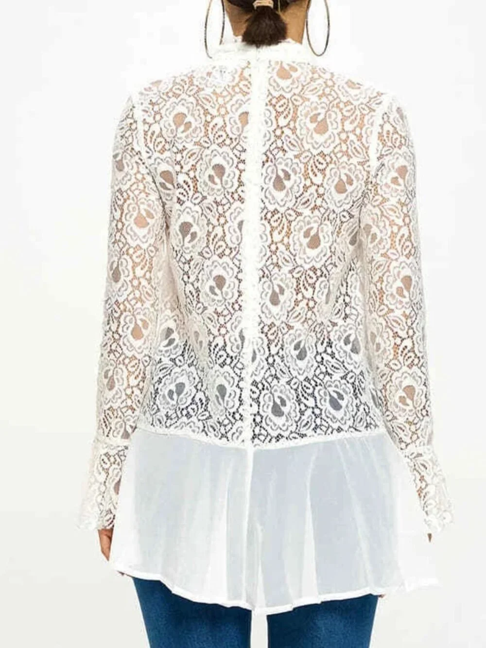 Oh Yes Flowy Lace Trim High Neck Keyhole Tunic Top Long Sleeve White New - Picture 2 of 14